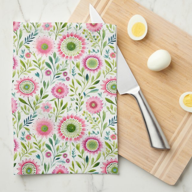 Pink and Green Floral Kitchen Towel (Quarter Fold)