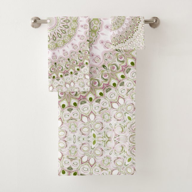 Pink and Green Floral Mandala Pattern Design Bath Towel Set (Insitu)