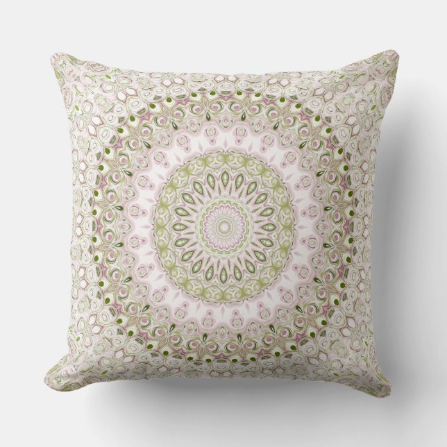 Pink and Green Floral Mandala Pattern Design Throw Pillow (Front)
