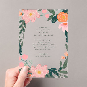 Pink and Green Floral Modern Spring Bridal Shower Acrylic Invitations