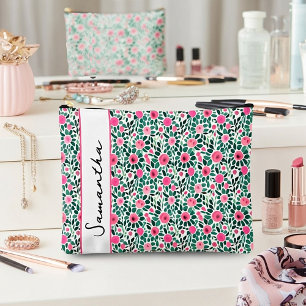 Pink and green floral personalized accessory pouch