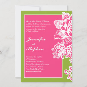 Pink and Green Floral Scroll Wedding Invitation