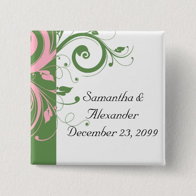 Pink and Green Floral Swirl Wedding 2 Inch Square Button (Front)
