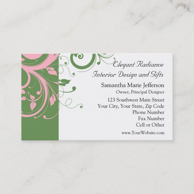 Pink and Green Floral Swirl Wedding Business Card (Front)