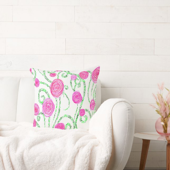 Pink and Green Floral Throw Pillow (Couch)