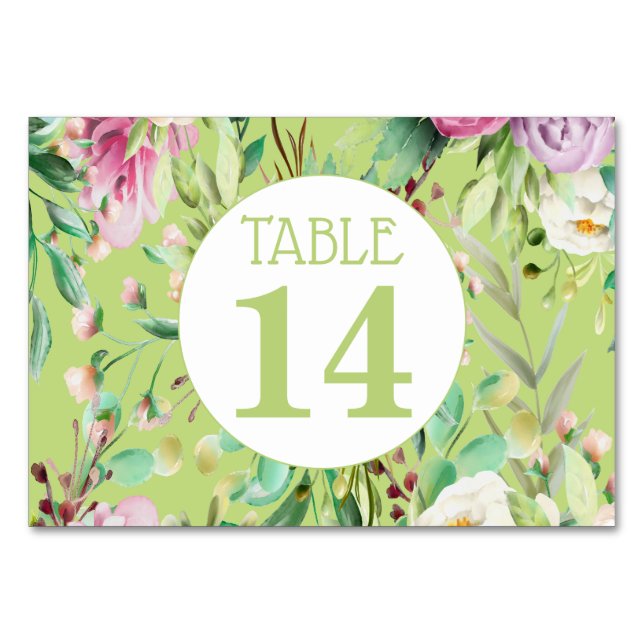 Pink And Green Floral Wedding Table Number Card (Front)