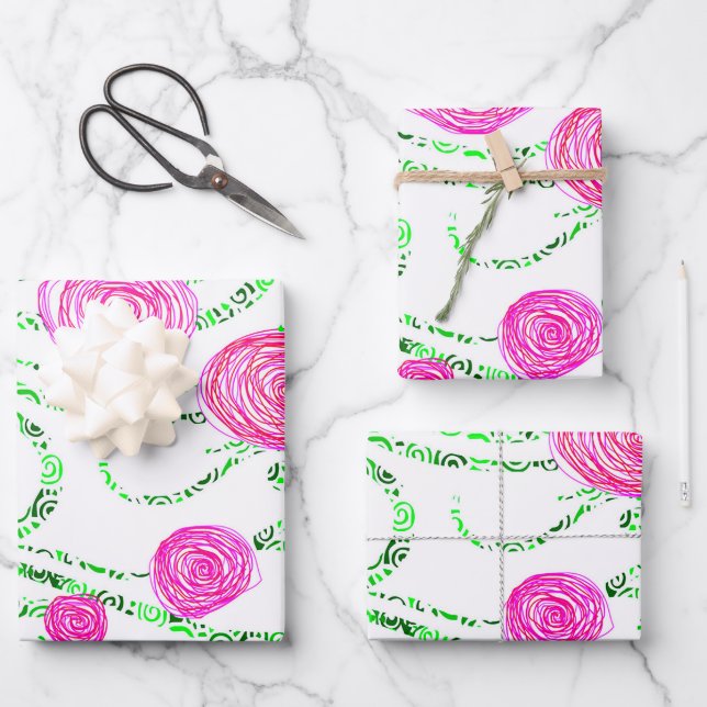 Pink and Green Floral Wrapping Paper Sheet (Front)