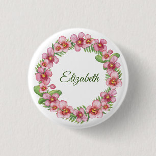 Pink and Green Floral Wreath Personalized Button