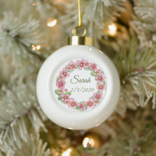 Pink and Green Floral Wreath personalized Ceramic Ball Christmas Ornament