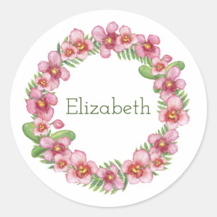 Pink and Green Floral Wreath Personalized Classic  Round Sticker