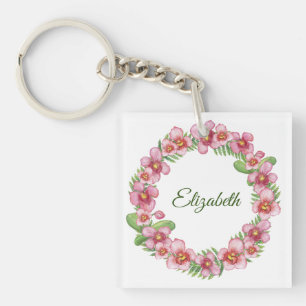 Pink and Green Floral Wreath Personalized Keychain