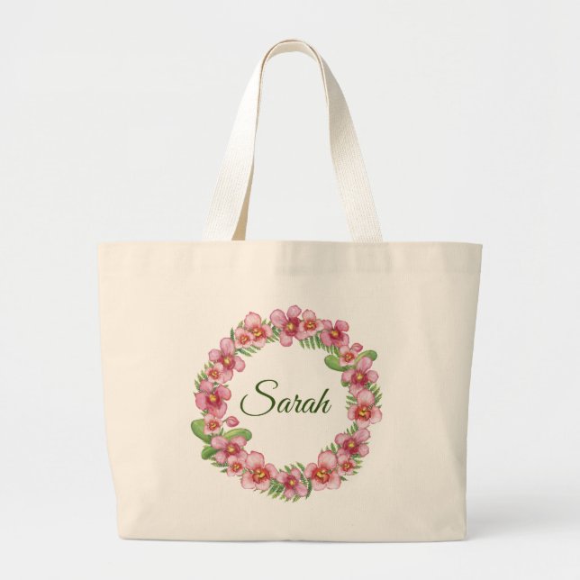 Pink and Green Floral Wreath personalized Large Tote Bag (Front)