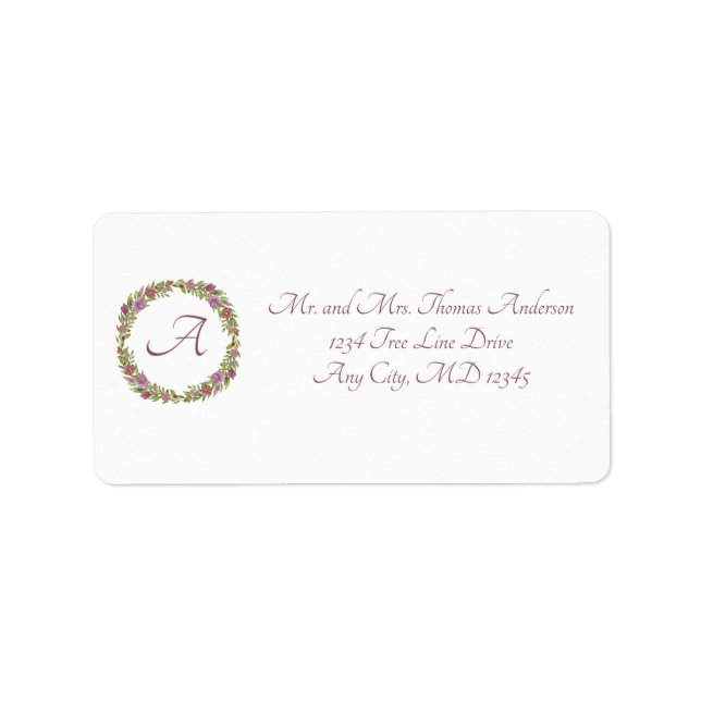 Pink and Green Floral Wreath Script Monogram Label (Front)