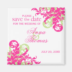 Pink and Green Flourish Save The Date Magnet