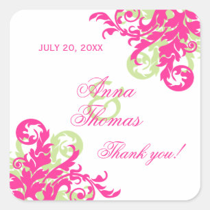 Pink and Green Flourish Wedding Favour Square Sticker