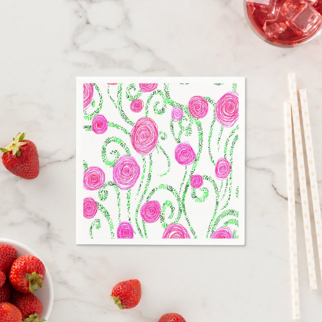Pink and Green Flower Vines Napkin (Insitu)