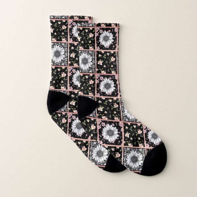 Pink and Green Flowers Patchwork Pattern Socks (Pair)