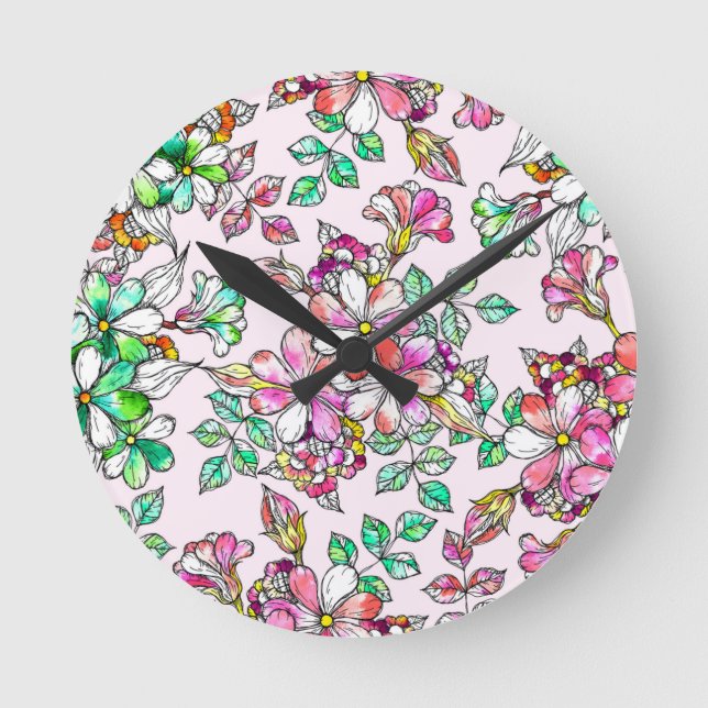 Pink and green flowers round clock (Front)