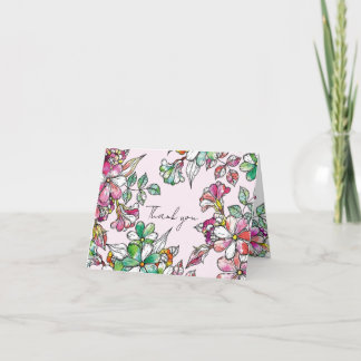 Pink and green flowers thank you card