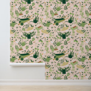 Pink and Green Garden Pattern Wallpaper