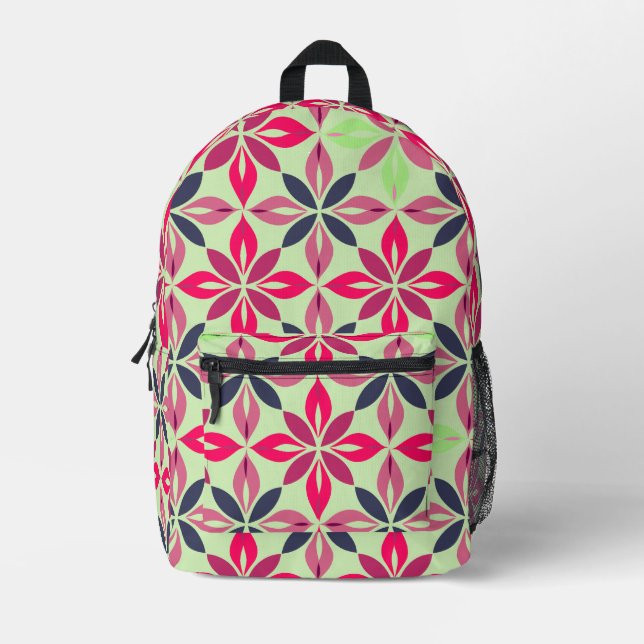 Pink and Green Geometric Floral  Printed Backpack (Front)