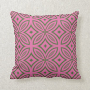 Pink and green geometric flower abstract pattern throw pillow