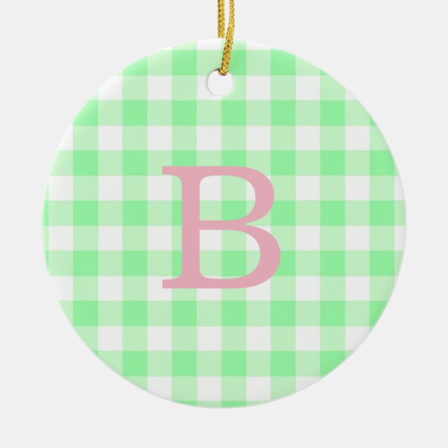 Pink and Green Gingham Monogram Ceramic Ornament (Front)