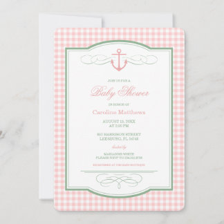 Pink and Green Gingham Preppy Coastal Baby Shower Invitation