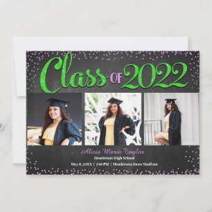 Pink and Green Glitter Photo Graduation Invitation
