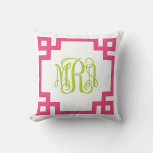 Pink and Green Greek Key Script Monogram Throw Pillow