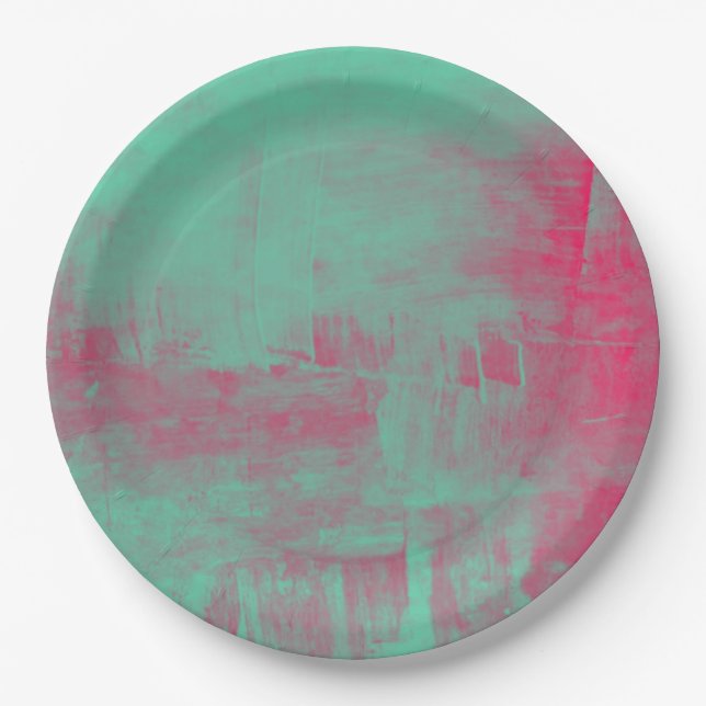 Pink and Green Grunge Painted Abstract Paper Plate (Front)