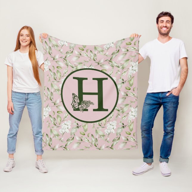 PINK AND GREEN H MONOGRAM FLEECE BLANKET (In Situ)