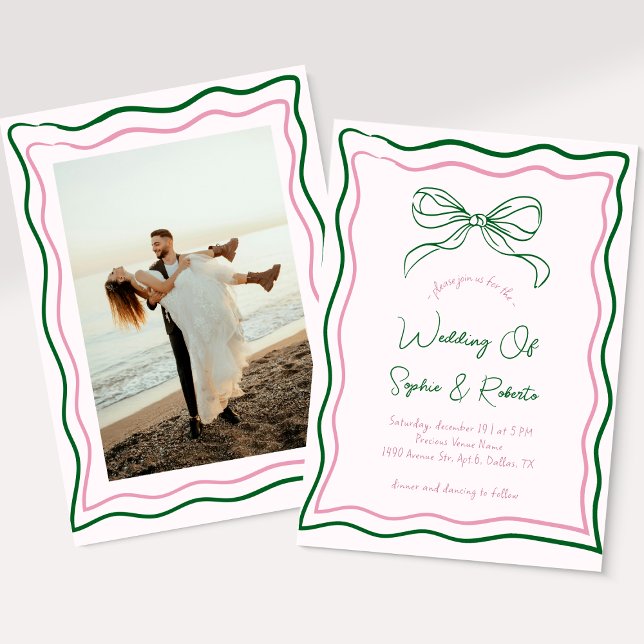 Pink and Green Hand Drawn Retro Bow French Wedding Invitation (Creator Uploaded)