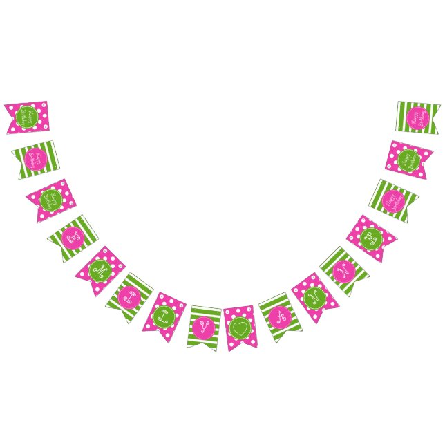 Pink and Green Happy Birthday Personalized Bunting Flags (All)