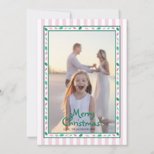 Pink and Green Holly Leaves Border Family Photo Holiday Card