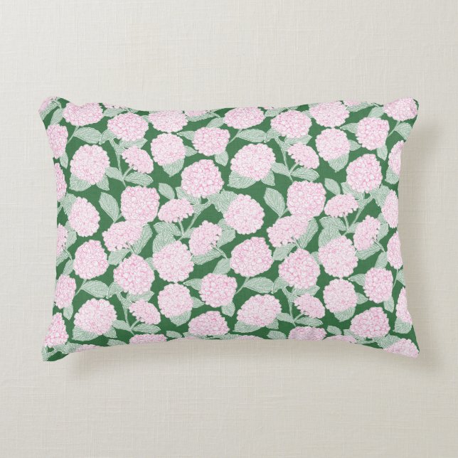Pink and Green Hydrangea Floral Accent Pillow (Front)