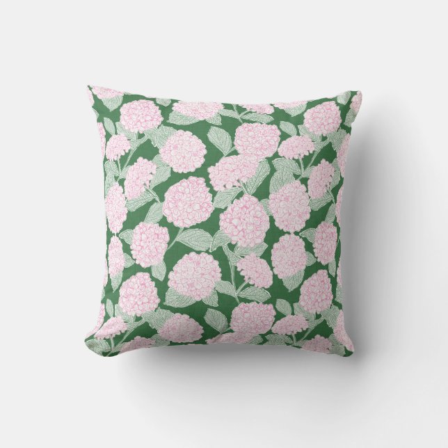 Pink and Green Hydrangea Floral Throw Pillow (Front)