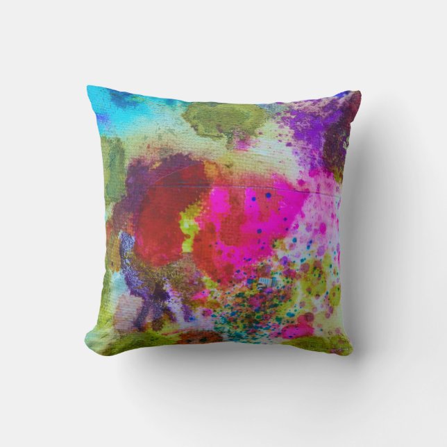 Pink and green inky abstract design pillow (Front)