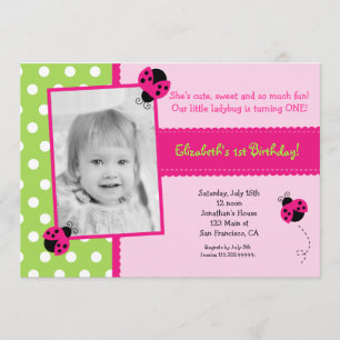 Pink and Green Ladybug BIrthday Party Invitations