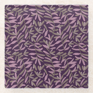 Pink and Green Leaf Pattern on Dark Purple Back Glass Coaster