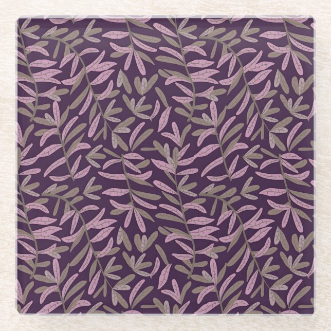  Pink and Green Leaf Pattern on Dark Purple Back Glass Coaster (Front)