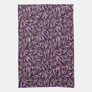 Pink and Green Leaf Pattern on Dark Purple Back Kitchen Towel