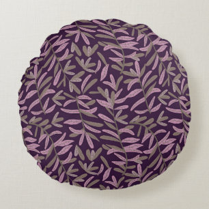  Pink and Green Leaf Pattern on Dark Purple Back Round Pillow
