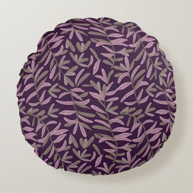  Pink and Green Leaf Pattern on Dark Purple Back Round Pillow (Front)