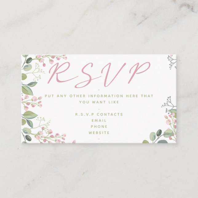 Pink and green leaves and flowers, "RSVP" Enclosure Card (Front)