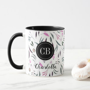 Pink and Green Leaves and Fruits Monogram and Name Mug