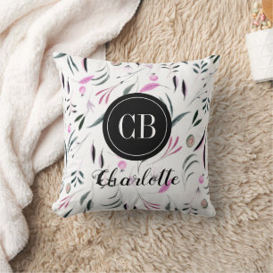 Pink and Green Leaves and Fruits Monogram and Name Throw Pillow