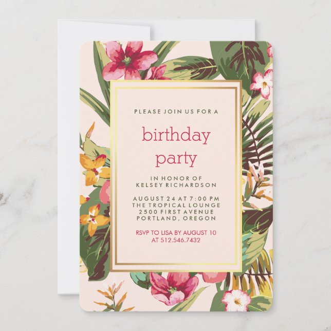 Pink and Green Leaves Tropical Party with Gold Invitation (Front)