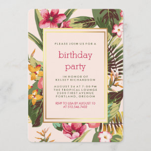 Pink and Green Leaves Tropical Party with Gold Invitation