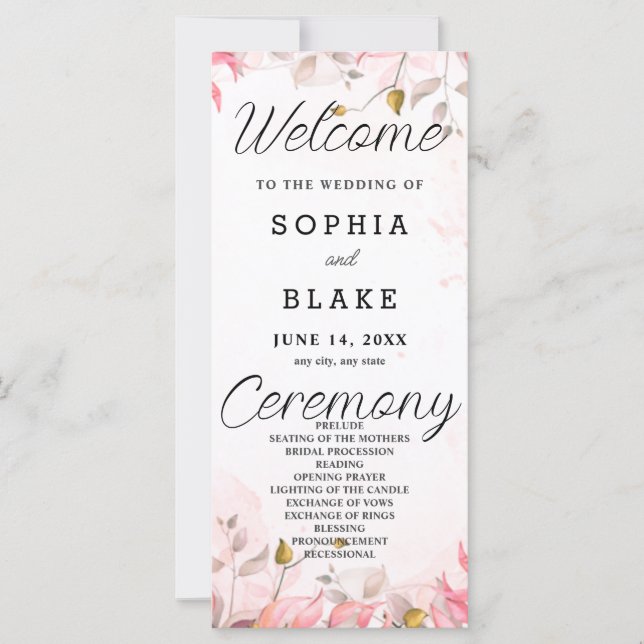 Pink and Green Leaves White Wedding Program (Front)